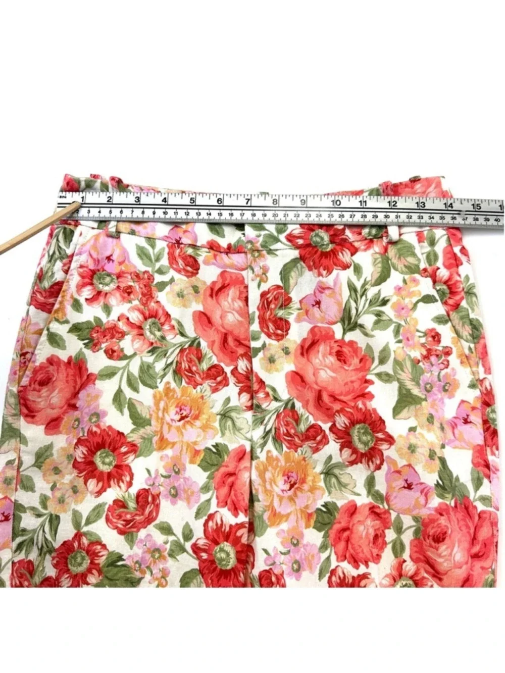 Mango linen cotton floral straight leg pant Size 4 belted Cottagecore Feminine